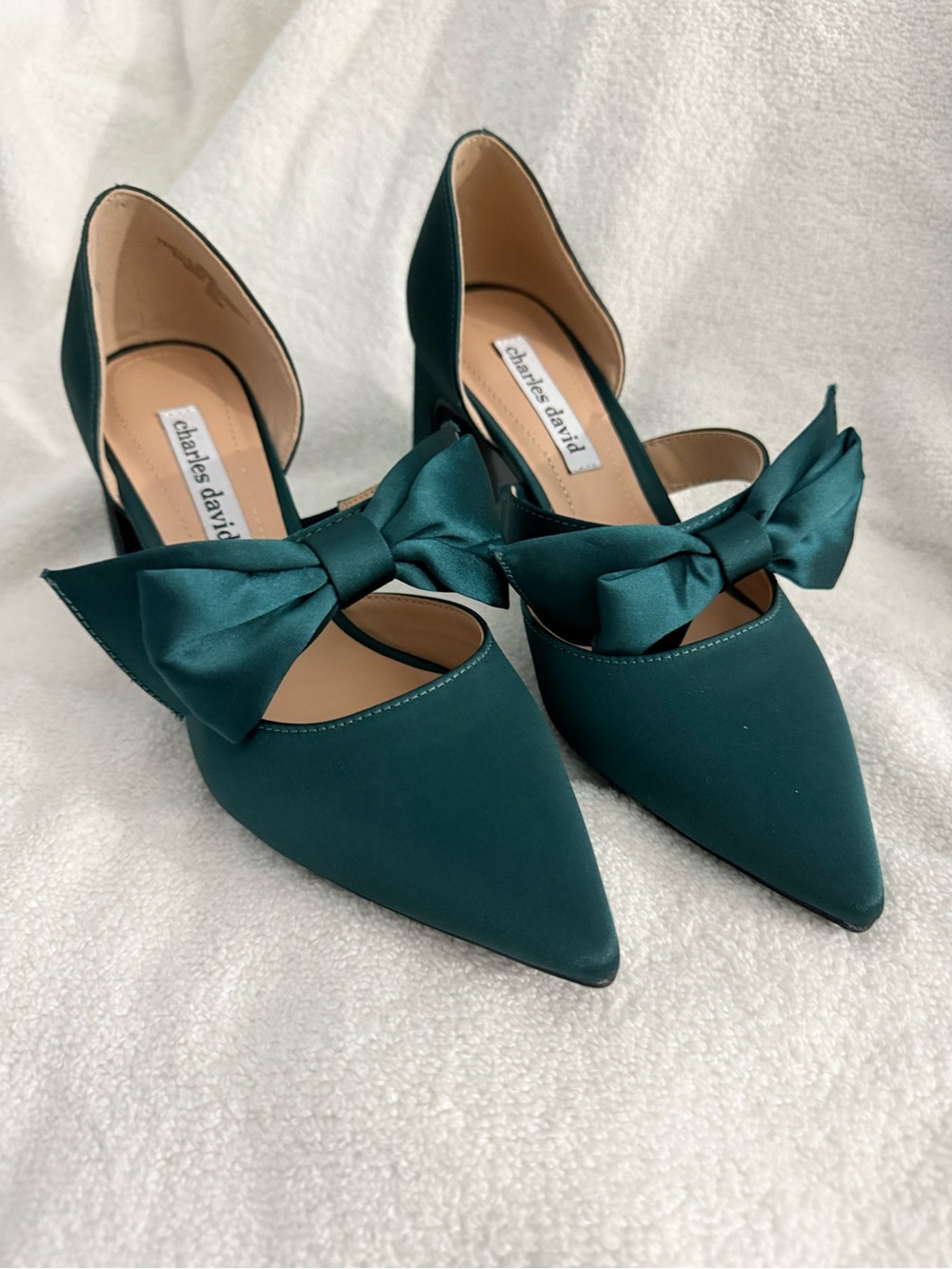 Charles David Teal Satin Pointed Toe Bow Pumps